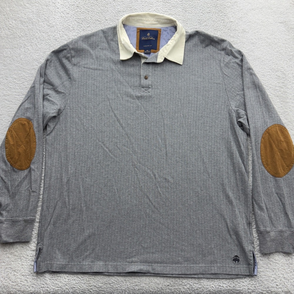 Brooks Brothers Mens XXL Grey Herringbone Rugby Shirt Elbow Patches Cotton